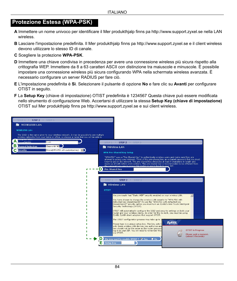 Protezione estesa (wpa-psk) | ZyXEL Communications 802.11g Wireless Firewall Router 1-P-320W User Manual | Page 84 / 150