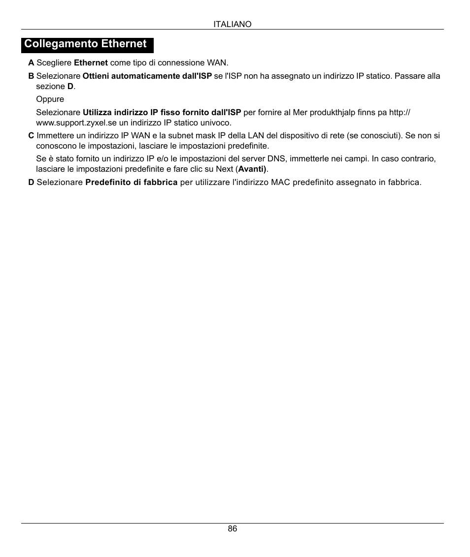 Collegamento ethernet | ZyXEL Communications 802.11g Wireless Firewall Router 1-P-320W User Manual | Page 86 / 150