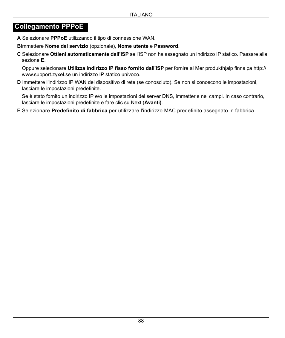 Collegamento pppoe | ZyXEL Communications 802.11g Wireless Firewall Router 1-P-320W User Manual | Page 88 / 150