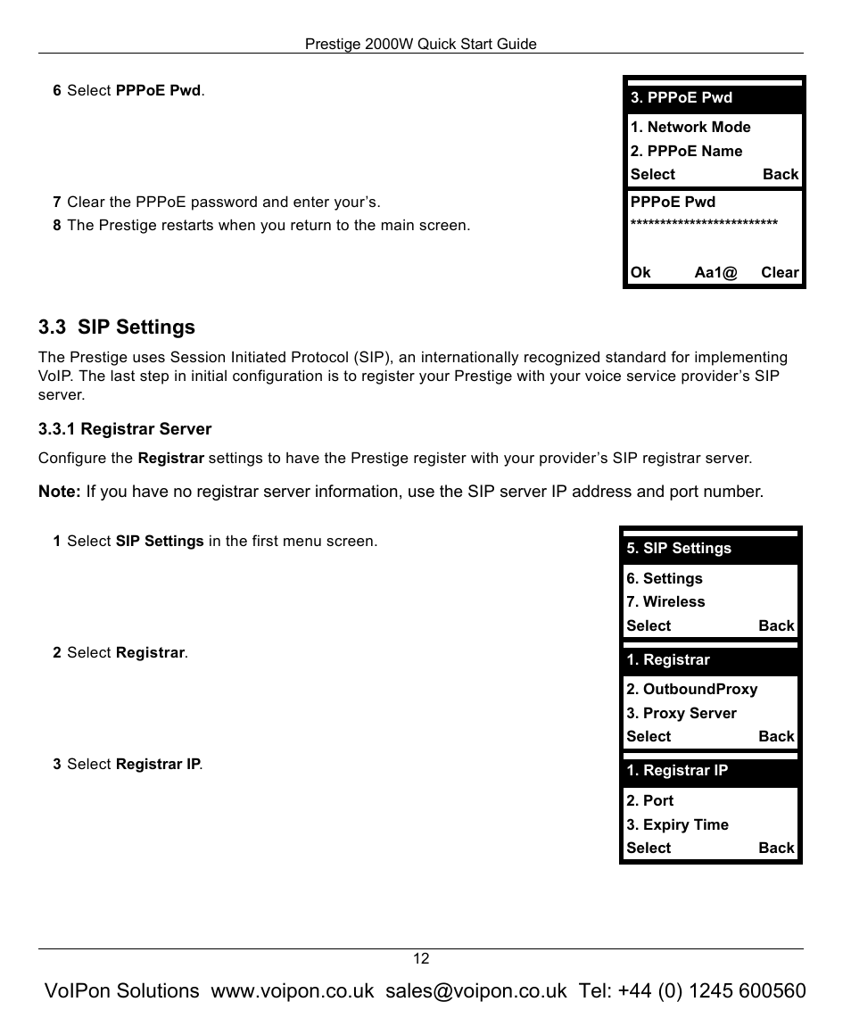 3 sip settings, 1 registrar server | ZyXEL Communications 2000W User Manual | Page 12 / 21