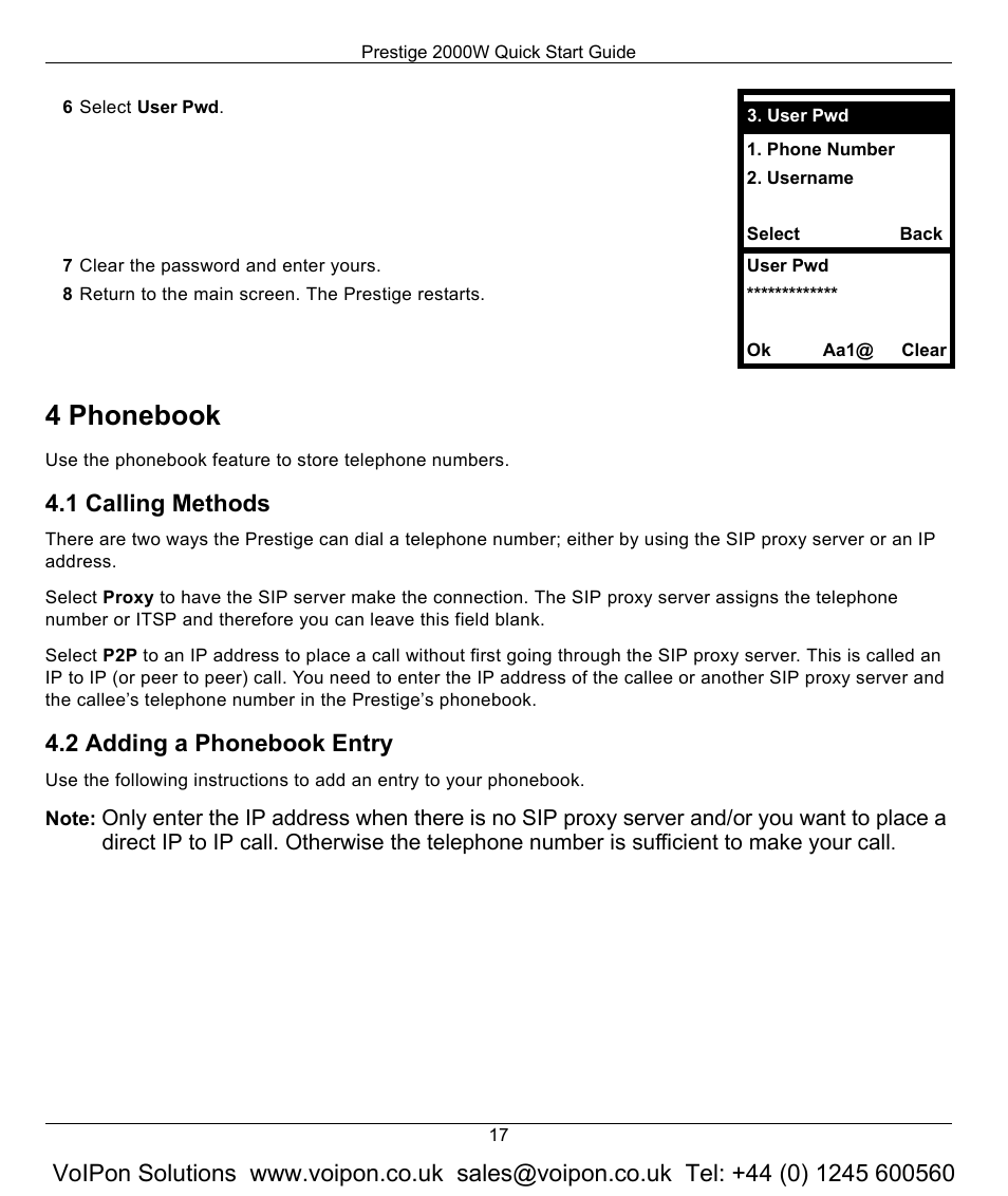 4 phonebook, 1 calling methods, 2 adding a phonebook entry | ZyXEL Communications 2000W User Manual | Page 17 / 21