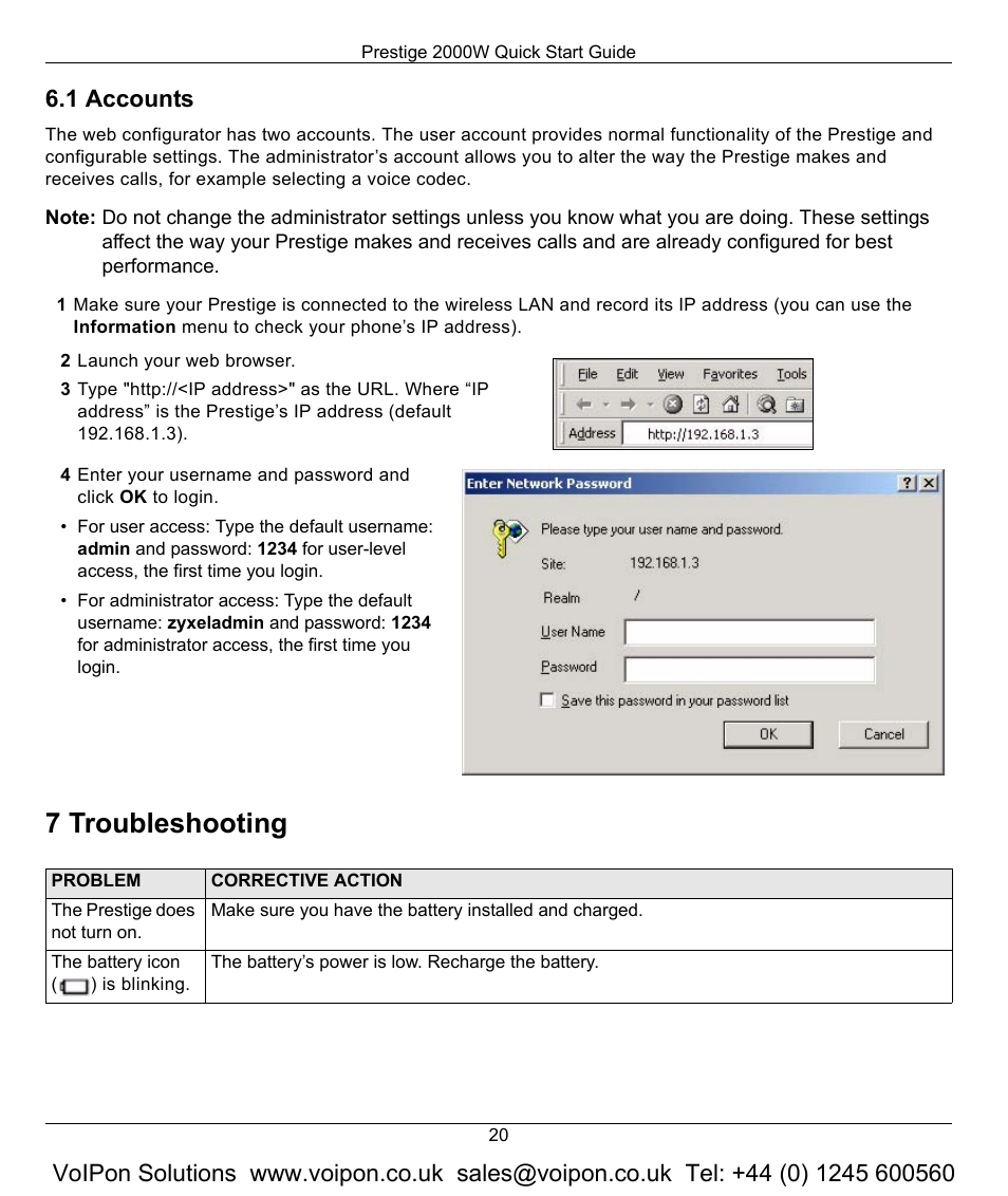 1 accounts, 7 troubleshooting | ZyXEL Communications 2000W User Manual | Page 20 / 21