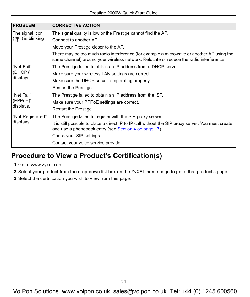 Procedure to view a product’s certification(s) | ZyXEL Communications 2000W User Manual | Page 21 / 21