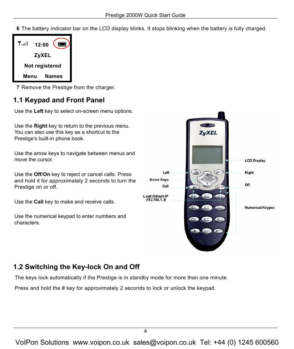 1 keypad and front panel, 2 switching the key-lock on and off | ZyXEL Communications 2000W User Manual | Page 4 / 21