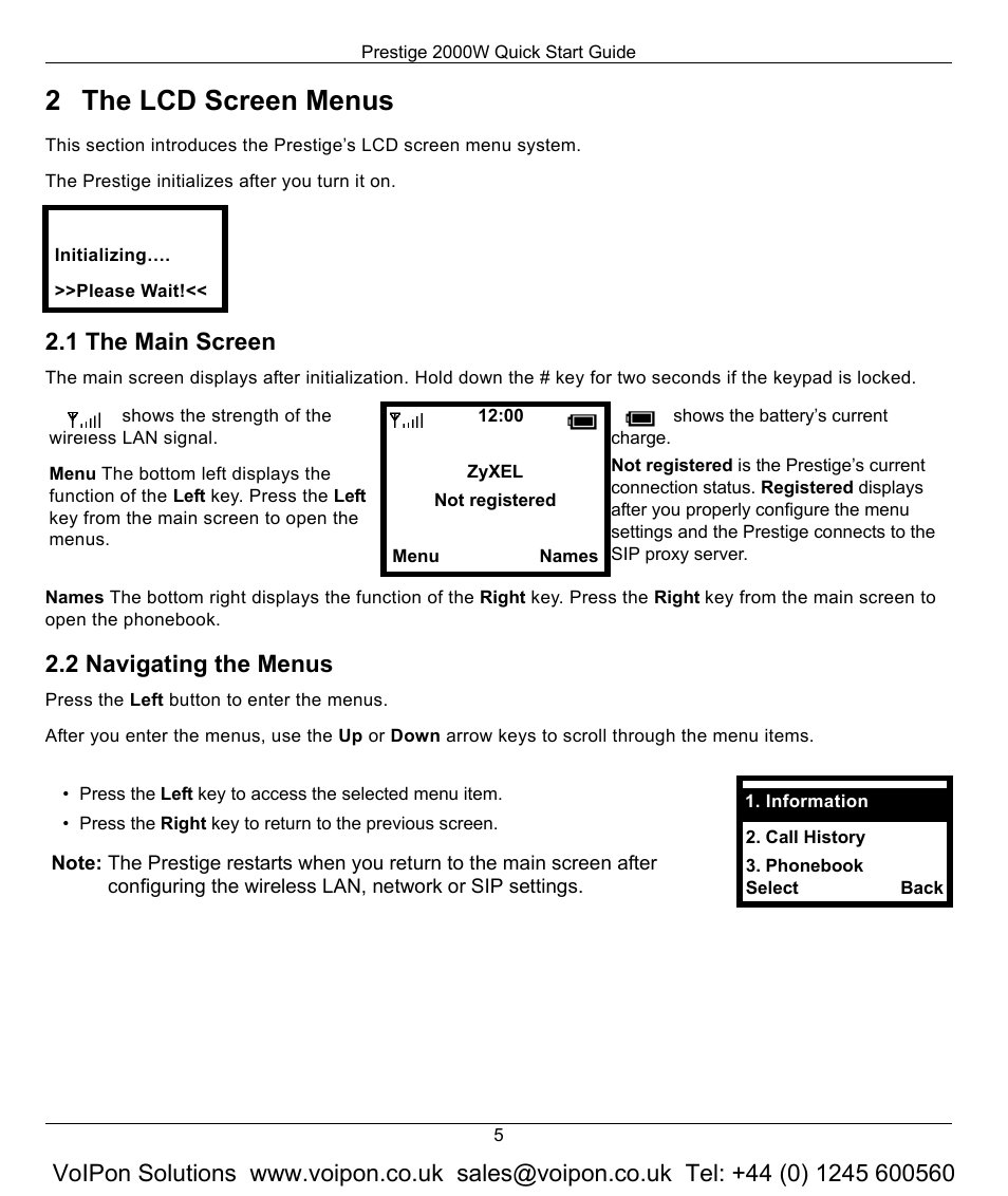 2 the lcd screen menus, 1 the main screen, 2 navigating the menus | The lcd screen menus | ZyXEL Communications 2000W User Manual | Page 5 / 21