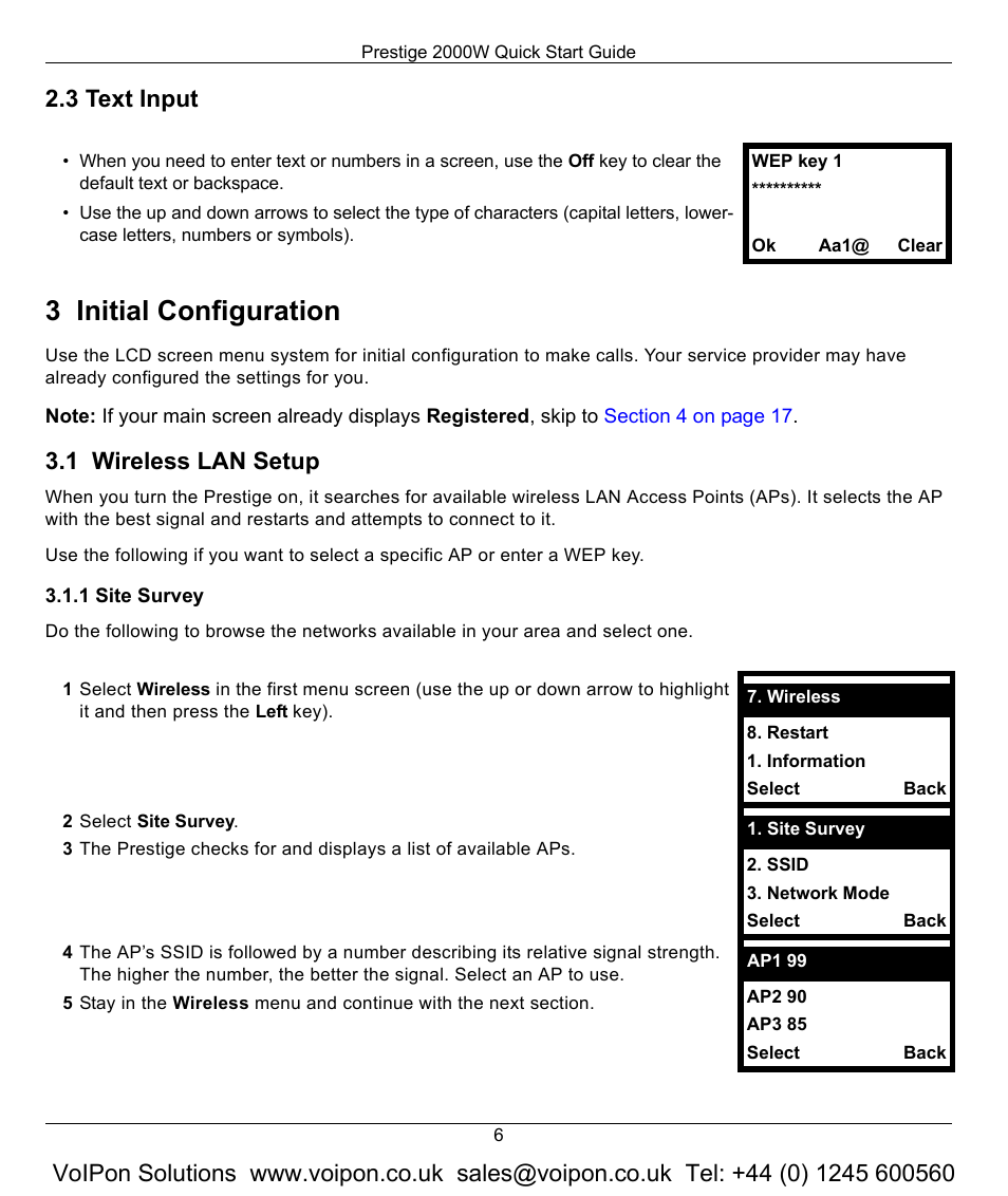 3 text input, 3 initial configuration, 1 wireless lan setup | 1 site survey | ZyXEL Communications 2000W User Manual | Page 6 / 21