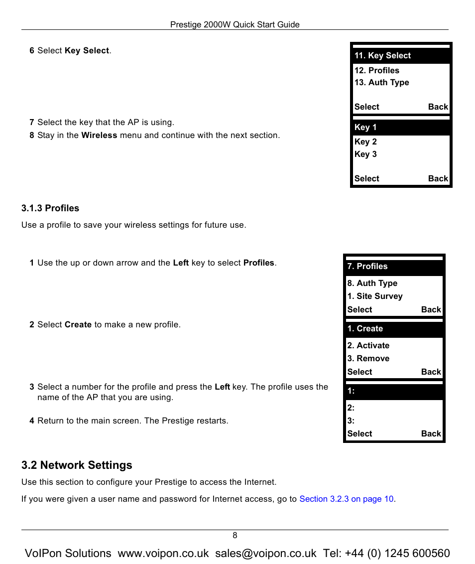 3 profiles, 2 network settings | ZyXEL Communications 2000W User Manual | Page 8 / 21