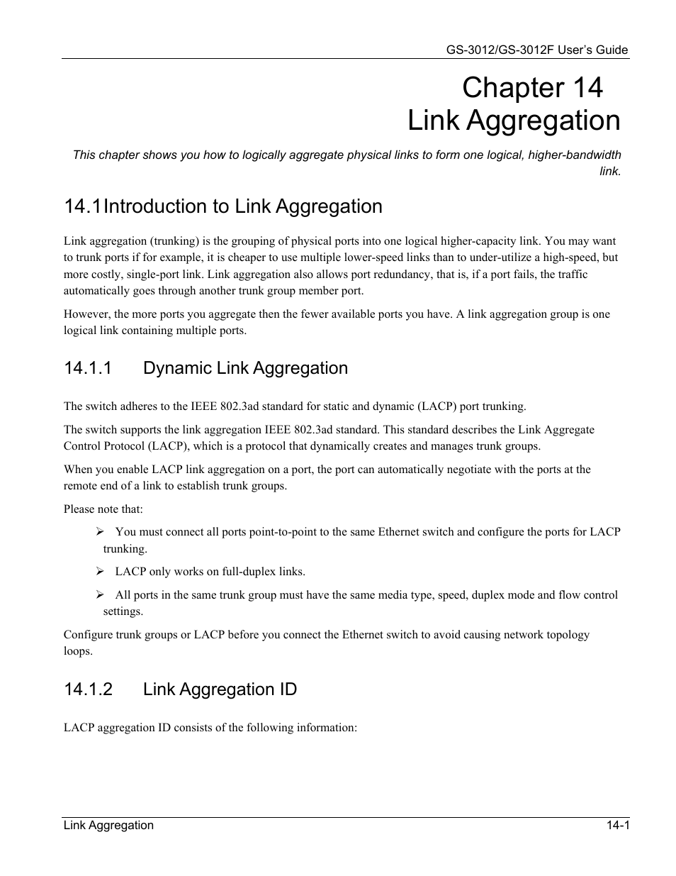Link aggregation, Introduction to link aggregation, Chapter 14 link aggregation | 1 introduction to link aggregation, 1 dynamic link aggregation, 2 link aggregation id | ZyXEL Communications ZyXEL Dimension GS-3012 User Manual | Page 113 / 259