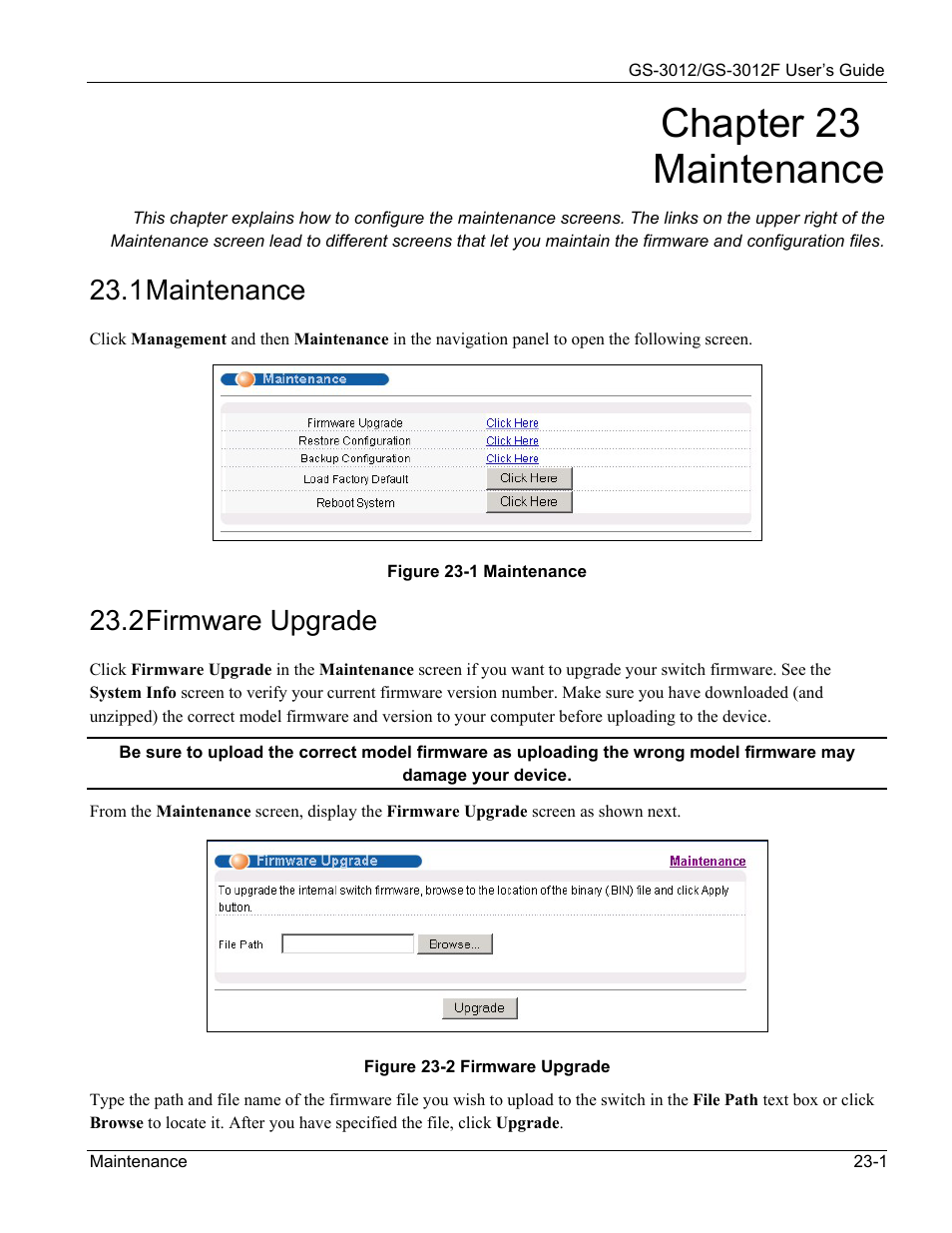 Maintenance, Firmware upgrade, Chapter 23 maintenance | 1 maintenance, 2 firmware upgrade | ZyXEL Communications ZyXEL Dimension GS-3012 User Manual | Page 159 / 259