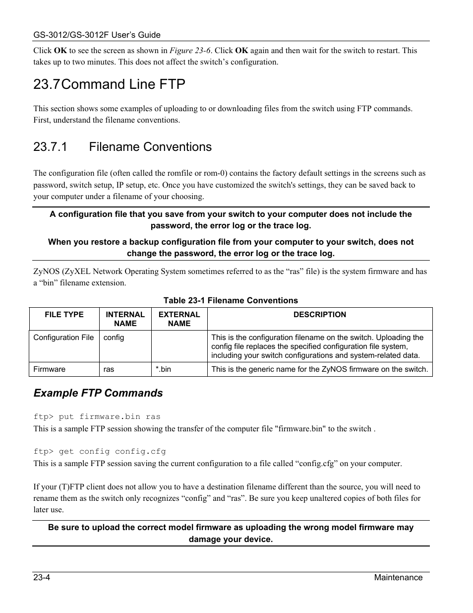 Command line ftp, 7 command line ftp, 1 filename conventions | Example ftp commands | ZyXEL Communications ZyXEL Dimension GS-3012 User Manual | Page 162 / 259