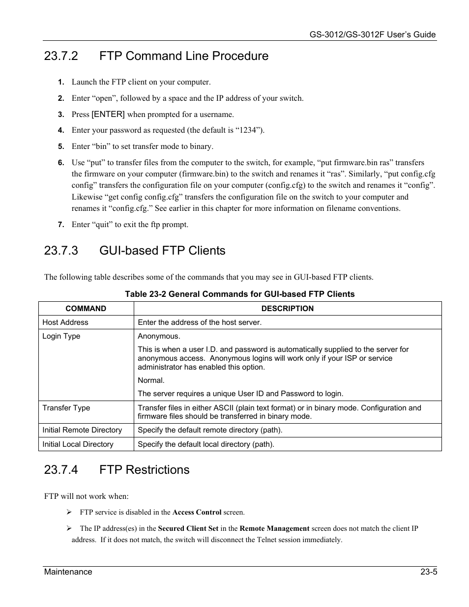 2 ftp command line procedure, 3 gui-based ftp clients, 4 ftp restrictions | ZyXEL Communications ZyXEL Dimension GS-3012 User Manual | Page 163 / 259