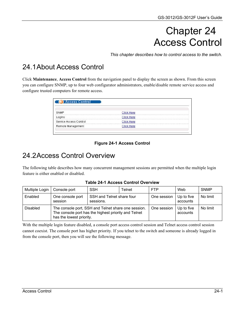 Access control, About access control, Access control overview | Chapter 24 access control, 1 about access control, 2 access control overview | ZyXEL Communications ZyXEL Dimension GS-3012 User Manual | Page 165 / 259