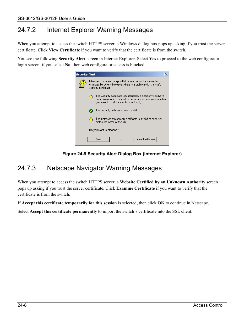 2 internet explorer warning messages, 3 netscape navigator warning messages | ZyXEL Communications ZyXEL Dimension GS-3012 User Manual | Page 172 / 259