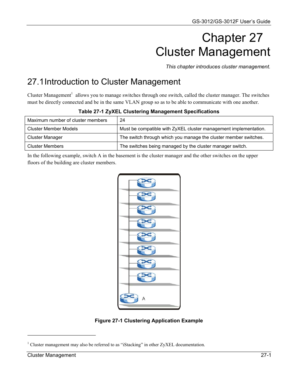 Cluster management, Introduction to cluster management, Chapter 27 cluster management | 1 introduction to cluster management | ZyXEL Communications ZyXEL Dimension GS-3012 User Manual | Page 183 / 259