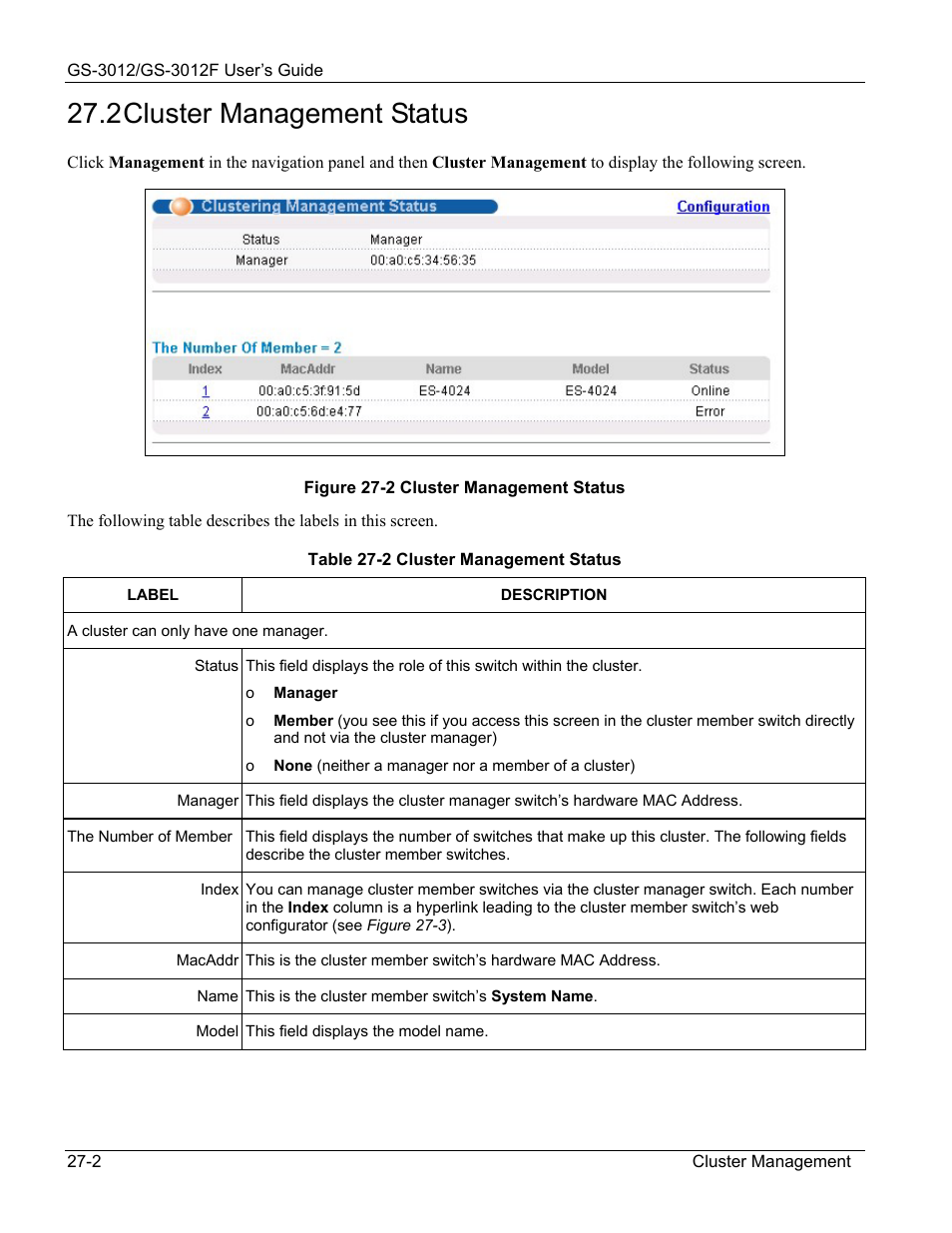 Cluster management status, 2 cluster management status | ZyXEL Communications ZyXEL Dimension GS-3012 User Manual | Page 184 / 259