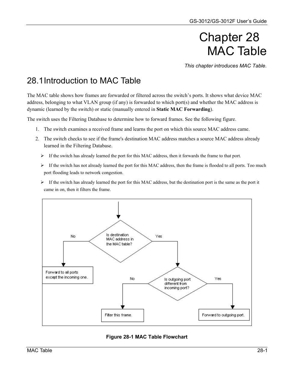 Mac table, Introduction to mac table, Chapter 28 mac table | 1 introduction to mac table | ZyXEL Communications ZyXEL Dimension GS-3012 User Manual | Page 189 / 259