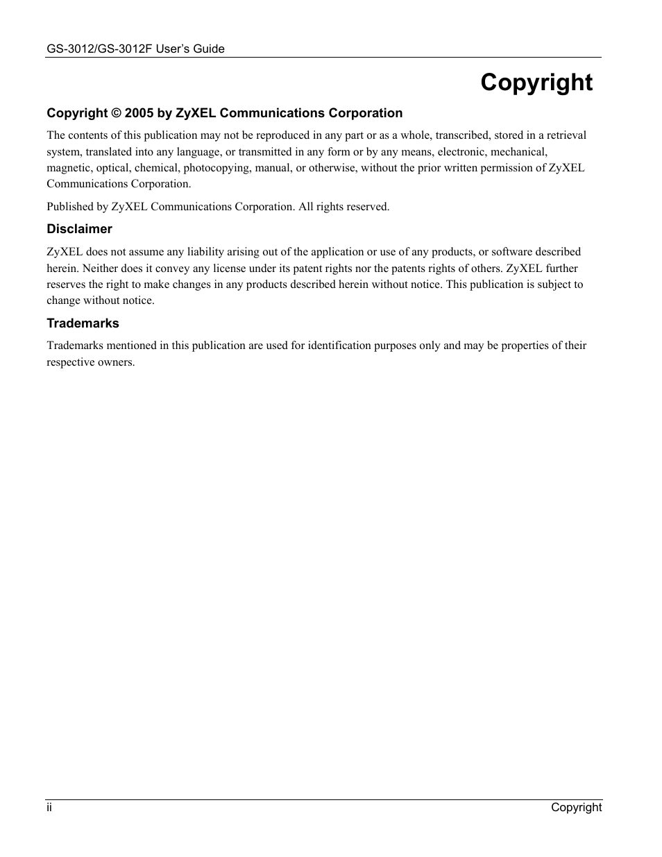 Copyright | ZyXEL Communications ZyXEL Dimension GS-3012 User Manual | Page 2 / 259