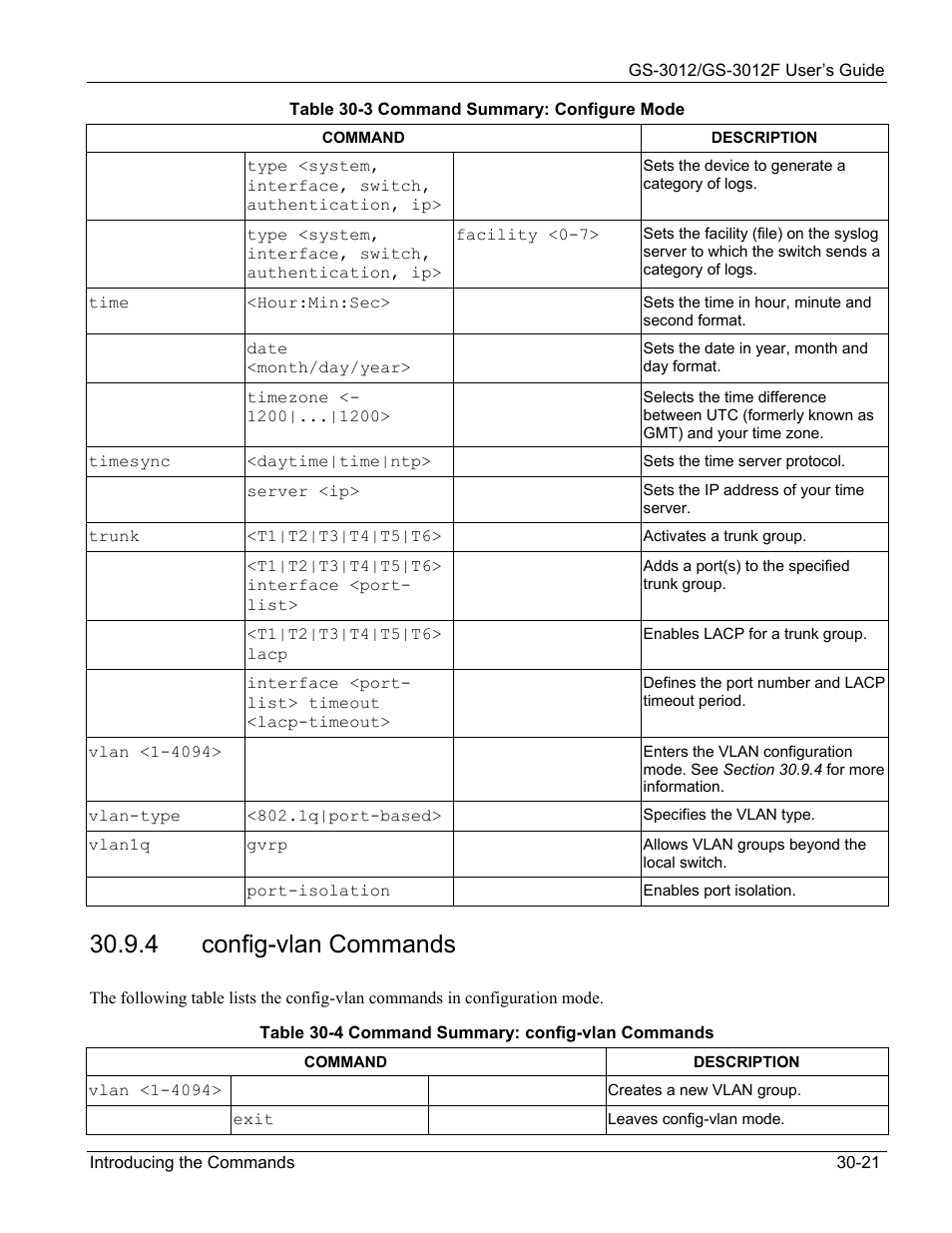 4 config-vlan commands | ZyXEL Communications ZyXEL Dimension GS-3012 User Manual | Page 215 / 259