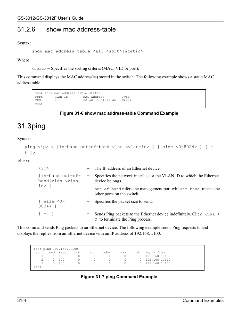 Ping, 3 ping, 6 show mac address-table | ZyXEL Communications ZyXEL Dimension GS-3012 User Manual | Page 226 / 259