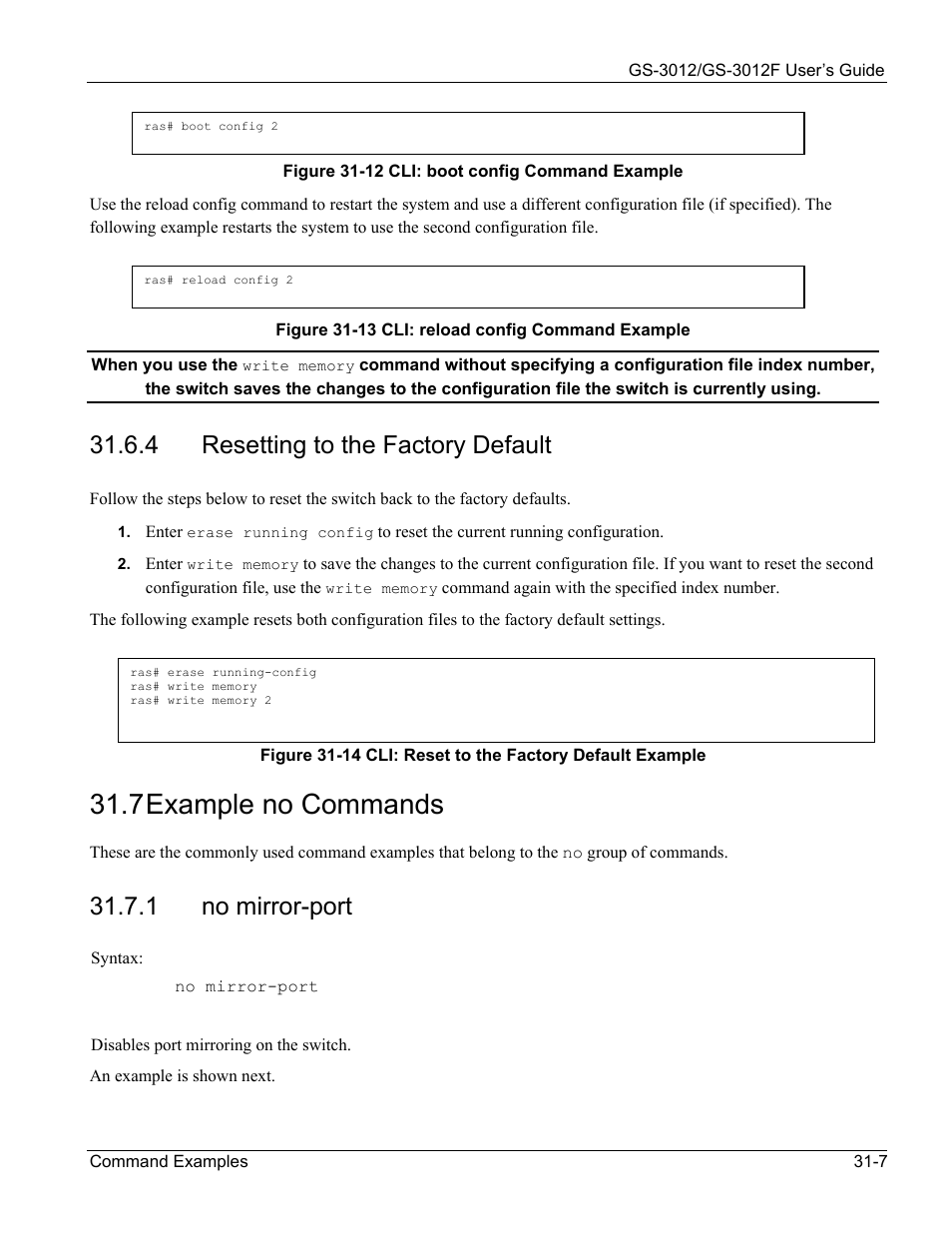 Example no commands, 7 example no commands, 4 resetting to the factory default | 1 no mirror-port | ZyXEL Communications ZyXEL Dimension GS-3012 User Manual | Page 229 / 259