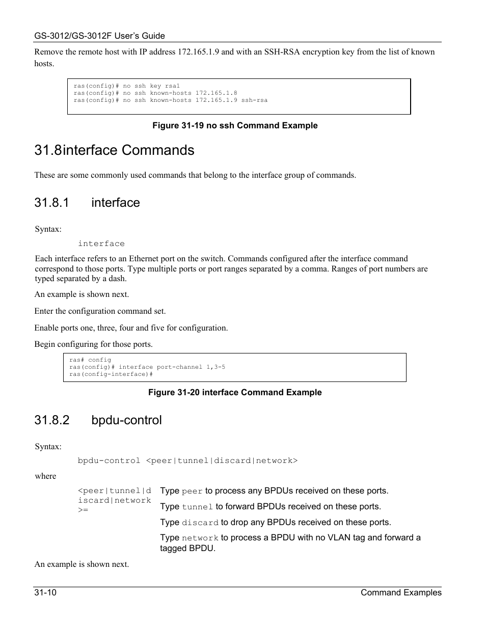 Interface commands, 8 interface commands, 1 interface | 2 bpdu-control | ZyXEL Communications ZyXEL Dimension GS-3012 User Manual | Page 232 / 259