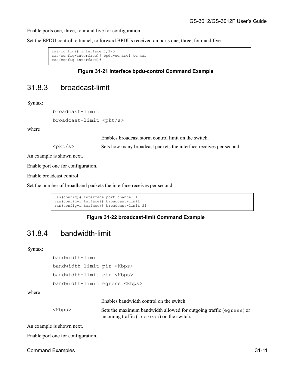 3 broadcast-limit, 4 bandwidth-limit | ZyXEL Communications ZyXEL Dimension GS-3012 User Manual | Page 233 / 259