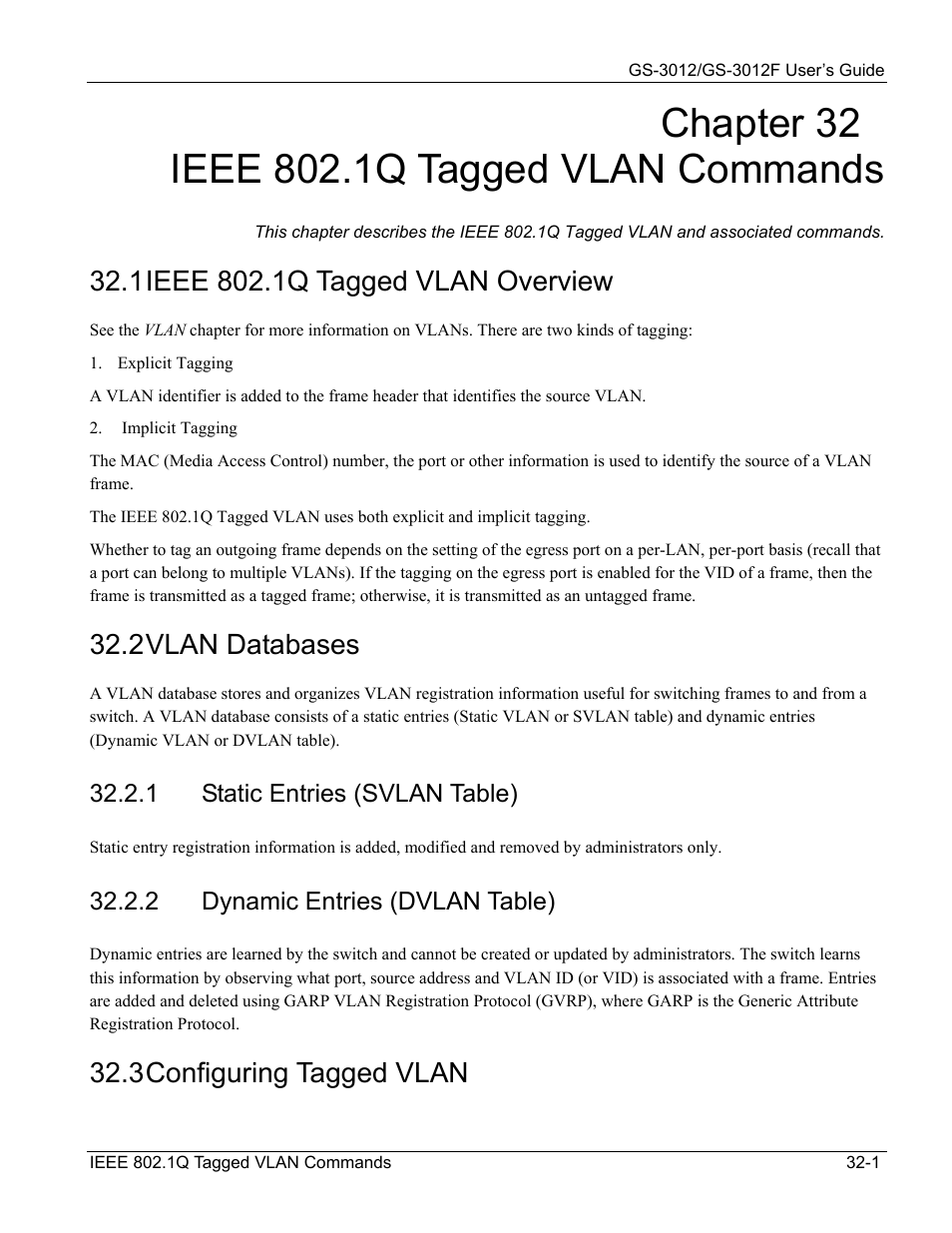 Ieee 802.1q tagged vlan commands, Ieee 802.1q tagged vlan overview, Vlan databases | Configuring tagged vlan, 2 vlan databases, 3 configuring tagged vlan | ZyXEL Communications ZyXEL Dimension GS-3012 User Manual | Page 239 / 259
