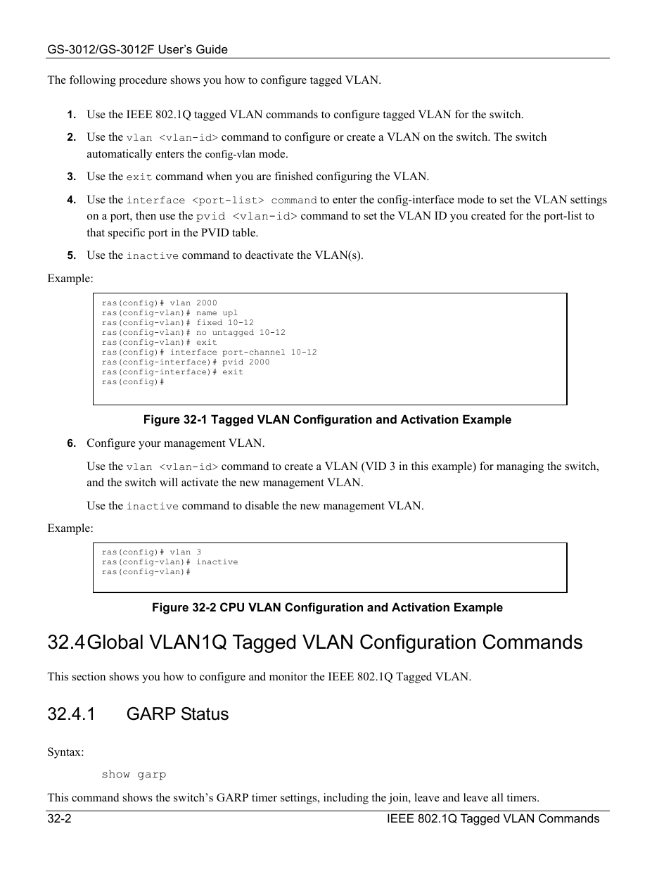 Global vlan1q tagged vlan configuration commands, 4 global vlan1q tagged vlan configuration commands, 1 garp status | ZyXEL Communications ZyXEL Dimension GS-3012 User Manual | Page 240 / 259
