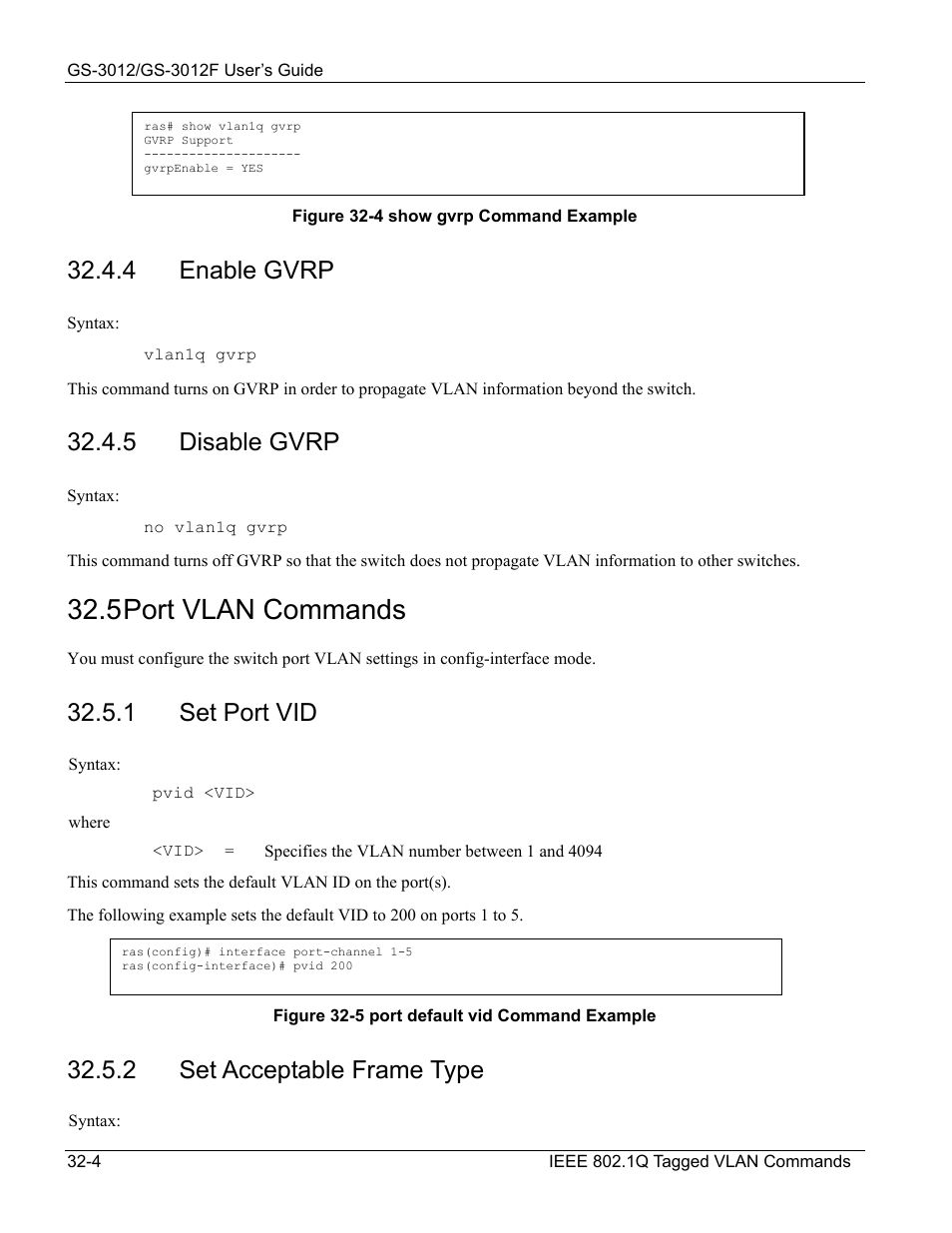 Port vlan commands, 5 port vlan commands, 4 enable gvrp | 5 disable gvrp, 1 set port vid, 2 set acceptable frame type | ZyXEL Communications ZyXEL Dimension GS-3012 User Manual | Page 242 / 259