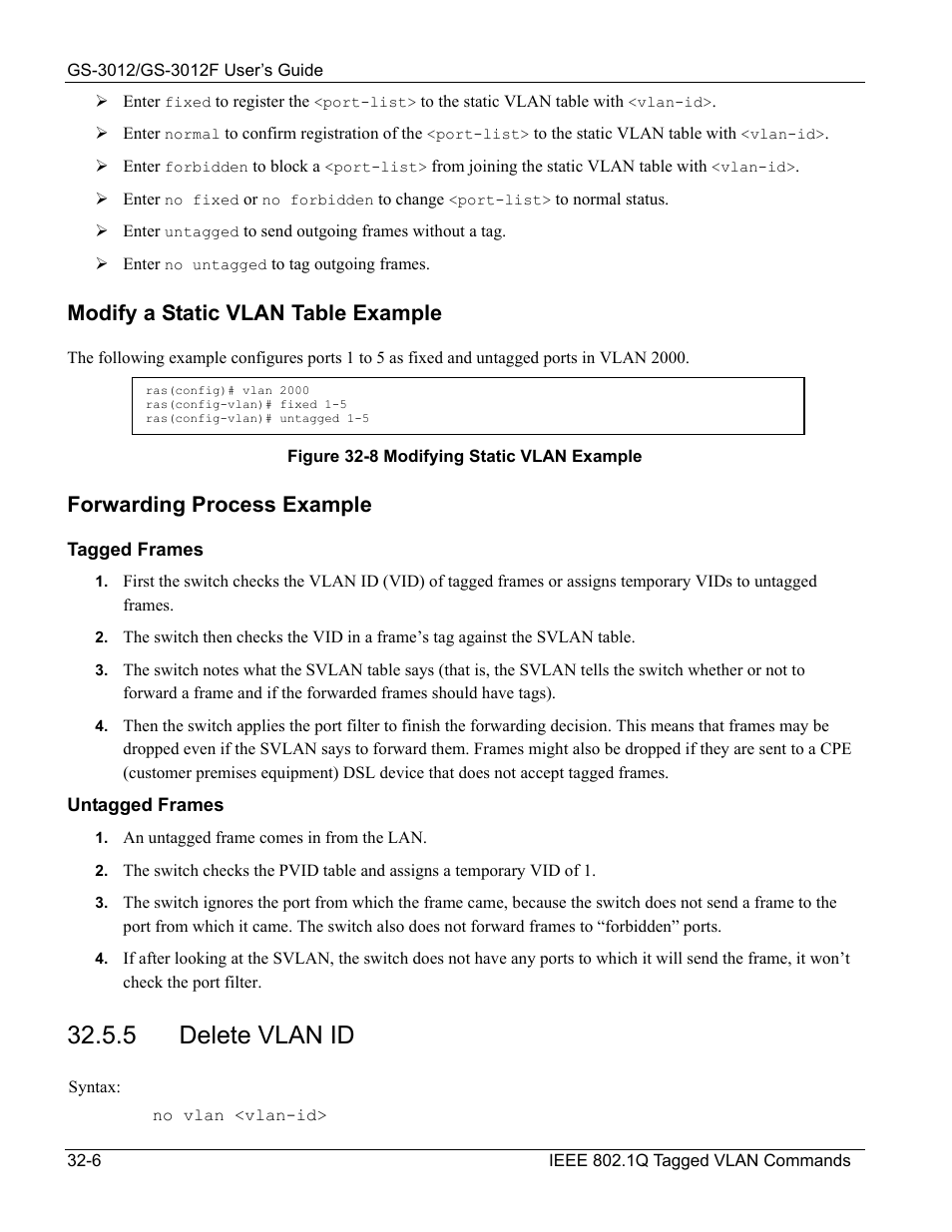 5 delete vlan id, Modify a static vlan table example, Forwarding process example | ZyXEL Communications ZyXEL Dimension GS-3012 User Manual | Page 244 / 259