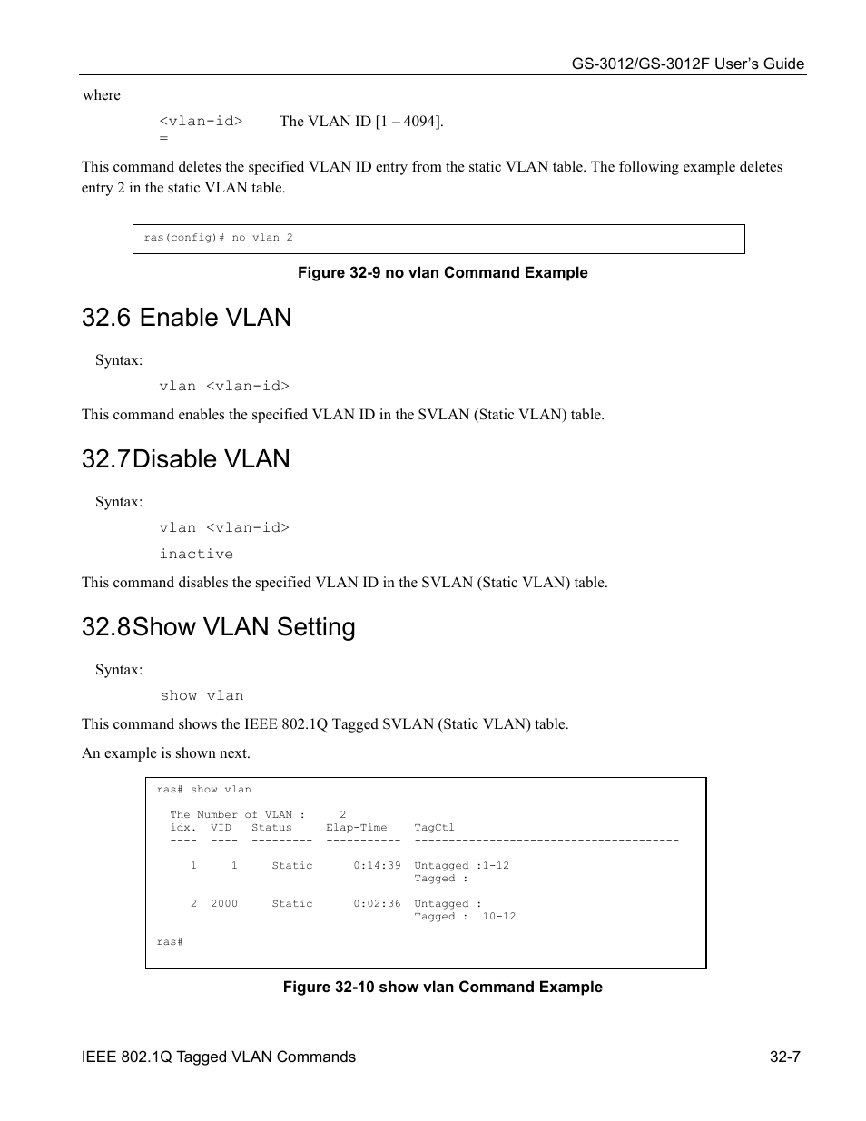Enable vlan, Disable vlan, Show vlan setting | 6 enable vlan, 7 disable vlan, 8 show vlan setting | ZyXEL Communications ZyXEL Dimension GS-3012 User Manual | Page 245 / 259