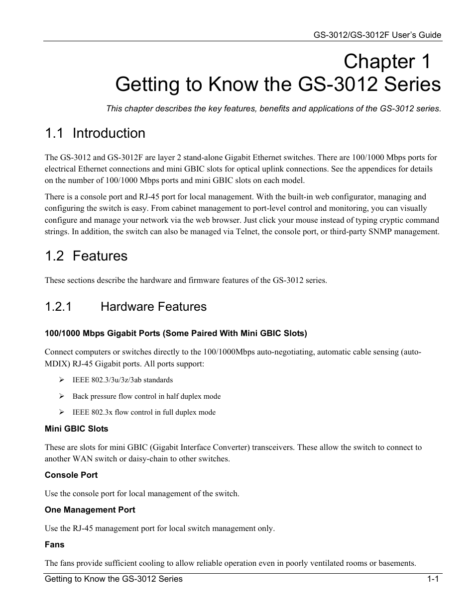 Getting to know the gs-3012 series, Introduction, Features | 1 introduction, 2 features, 1 hardware features | ZyXEL Communications ZyXEL Dimension GS-3012 User Manual | Page 27 / 259