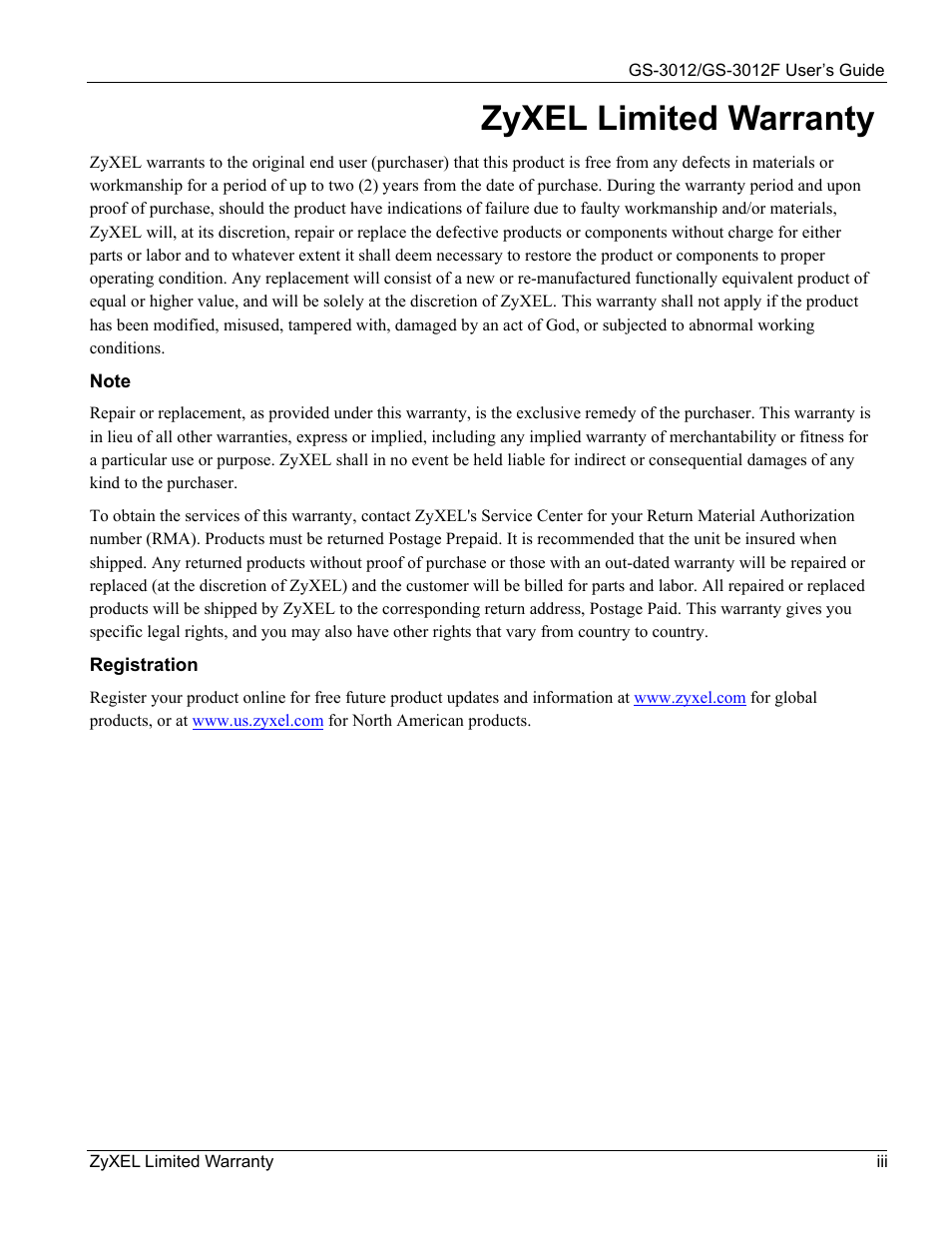 Zyxel limited warranty | ZyXEL Communications ZyXEL Dimension GS-3012 User Manual | Page 3 / 259