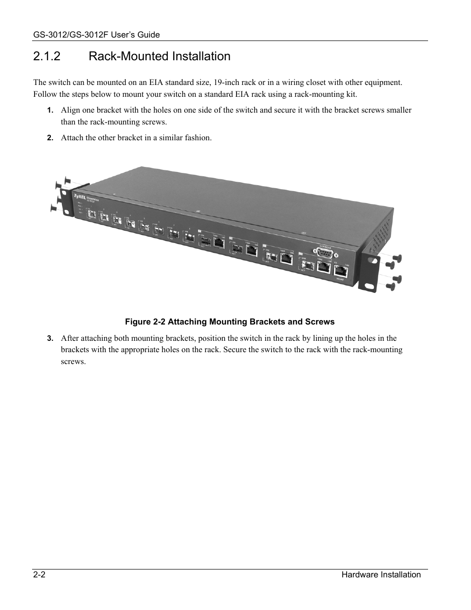 2 rack-mounted installation | ZyXEL Communications ZyXEL Dimension GS-3012 User Manual | Page 36 / 259