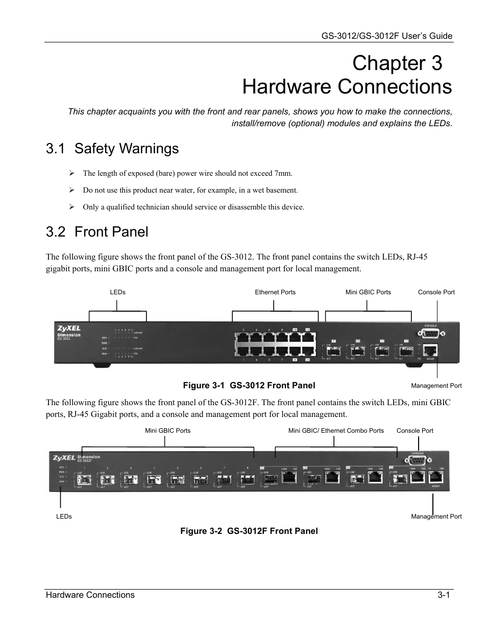 Hardware connections, Safety warnings, Front panel | Chapter 3 hardware connections, 1 safety warnings, 2 front panel | ZyXEL Communications ZyXEL Dimension GS-3012 User Manual | Page 39 / 259