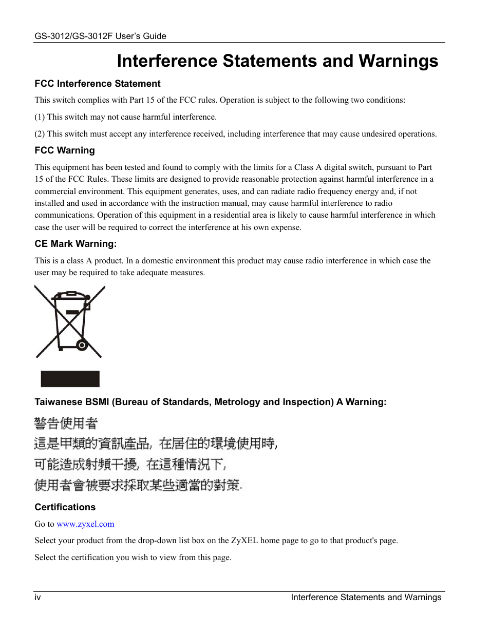 Interference statements and warnings | ZyXEL Communications ZyXEL Dimension GS-3012 User Manual | Page 4 / 259