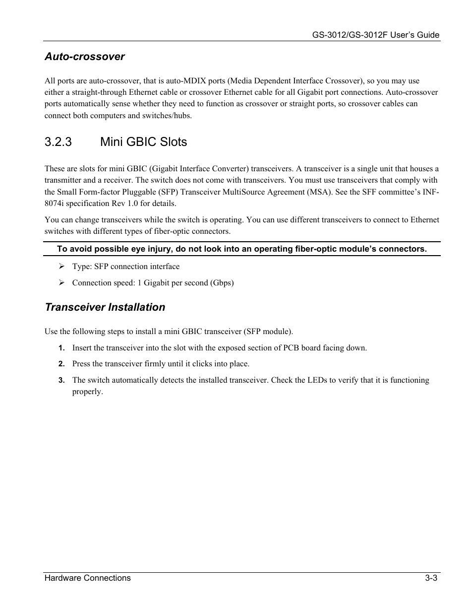 3 mini gbic slots | ZyXEL Communications ZyXEL Dimension GS-3012 User Manual | Page 41 / 259