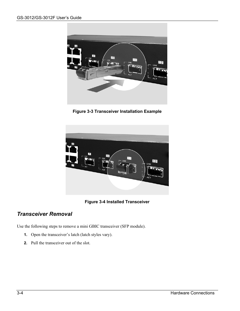 Transceiver removal | ZyXEL Communications ZyXEL Dimension GS-3012 User Manual | Page 42 / 259
