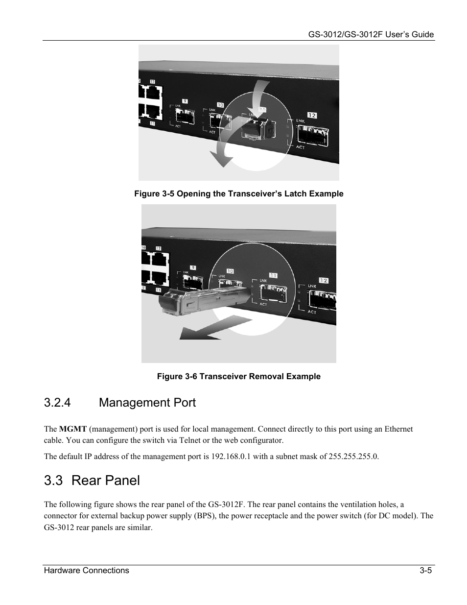 Rear panel, 3 rear panel, 4 management port | ZyXEL Communications ZyXEL Dimension GS-3012 User Manual | Page 43 / 259