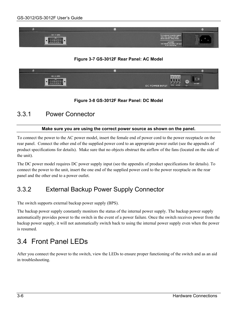 Front panel leds, 4 front panel leds, 1 power connector | 2 external backup power supply connector | ZyXEL Communications ZyXEL Dimension GS-3012 User Manual | Page 44 / 259