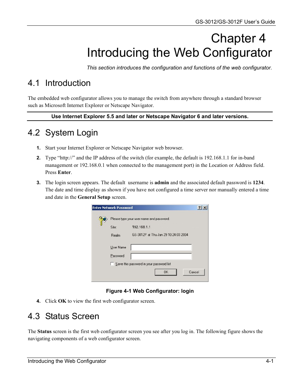 Introducing the web configurator, Introduction, System login | Status screen, Chapter 4 introducing the web configurator, 1 introduction, 2 system login, 3 status screen | ZyXEL Communications ZyXEL Dimension GS-3012 User Manual | Page 51 / 259