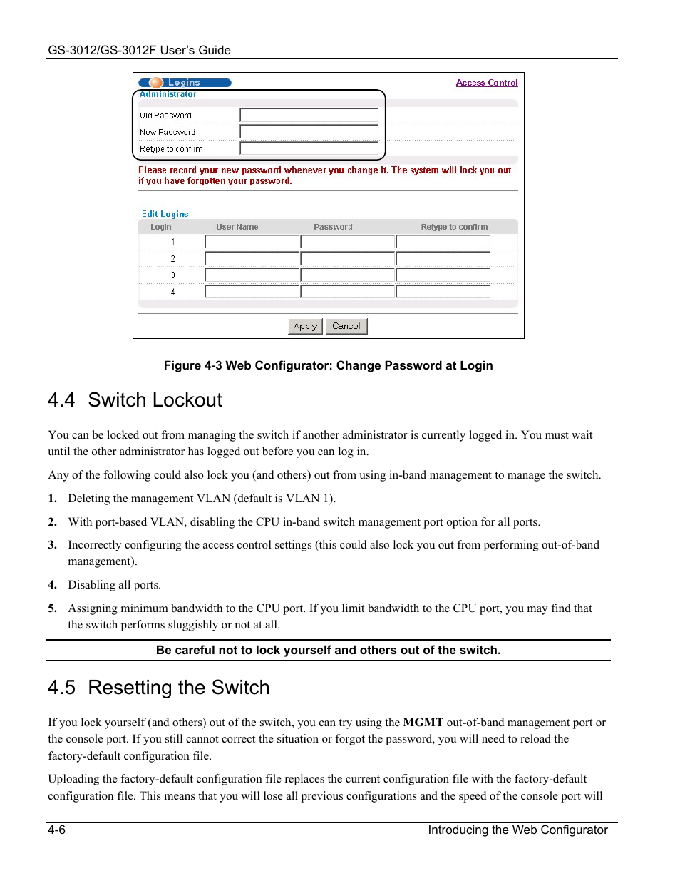 Switch lockout, Resetting the switch, 4 switch lockout | 5 resetting the switch | ZyXEL Communications ZyXEL Dimension GS-3012 User Manual | Page 56 / 259