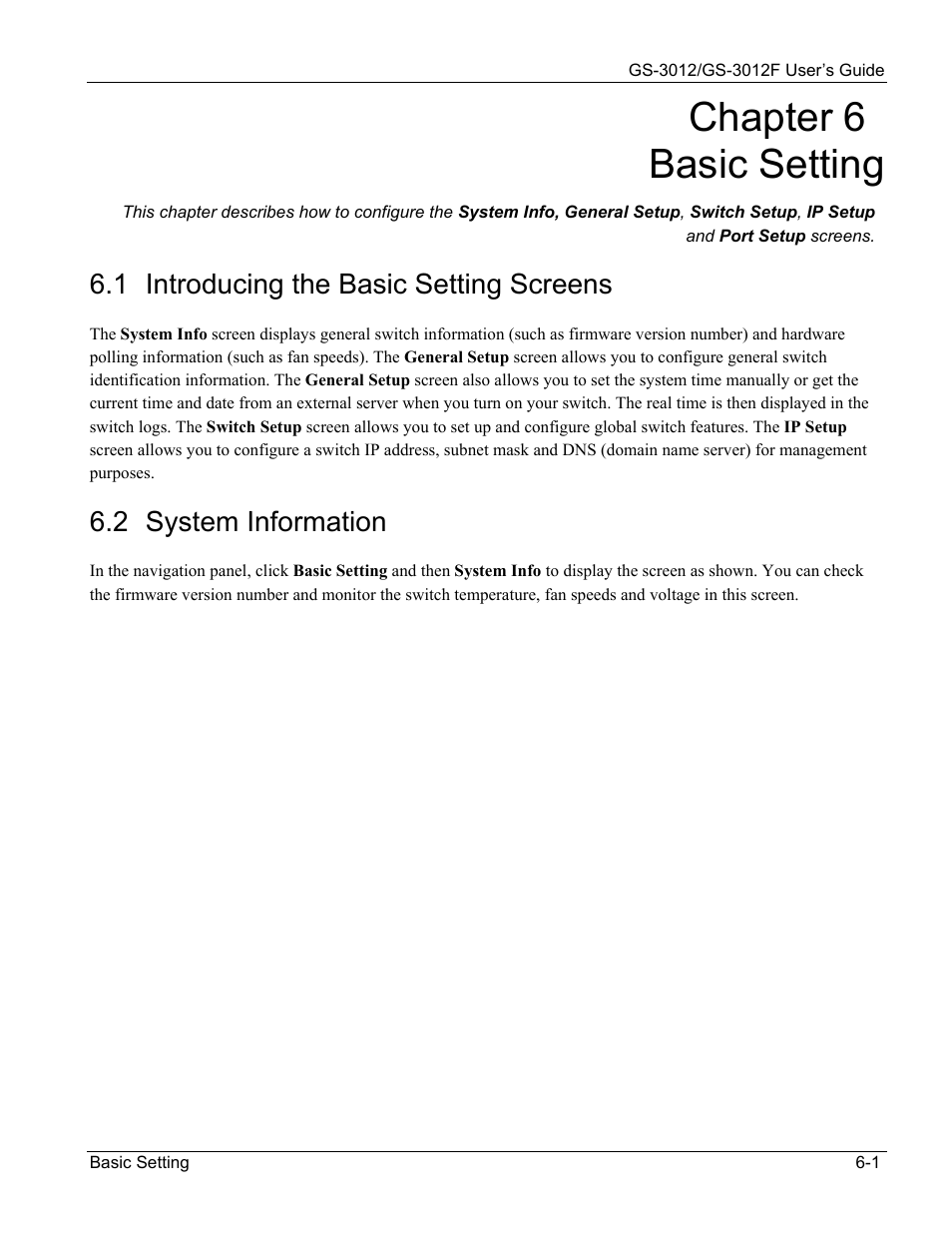 Basic setting, Introducing the basic setting screens, System information | Chapter 6 basic setting, 1 introducing the basic setting screens, 2 system information | ZyXEL Communications ZyXEL Dimension GS-3012 User Manual | Page 65 / 259