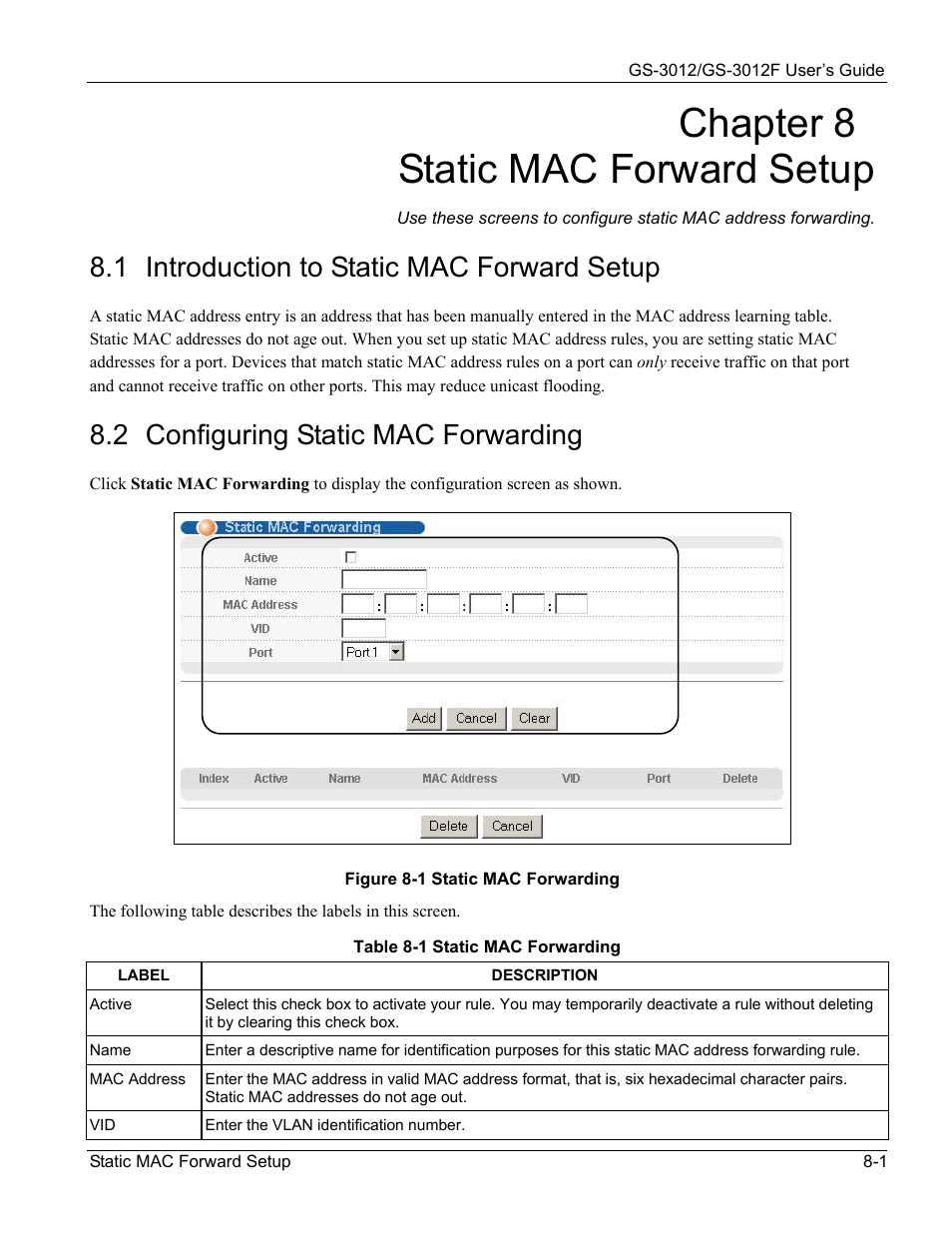 Static mac forward setup, Introduction to static mac forward setup, Configuring static mac forwarding | Chapter 8 static mac forward setup, 1 introduction to static mac forward setup, 2 configuring static mac forwarding | ZyXEL Communications ZyXEL Dimension GS-3012 User Manual | Page 93 / 259