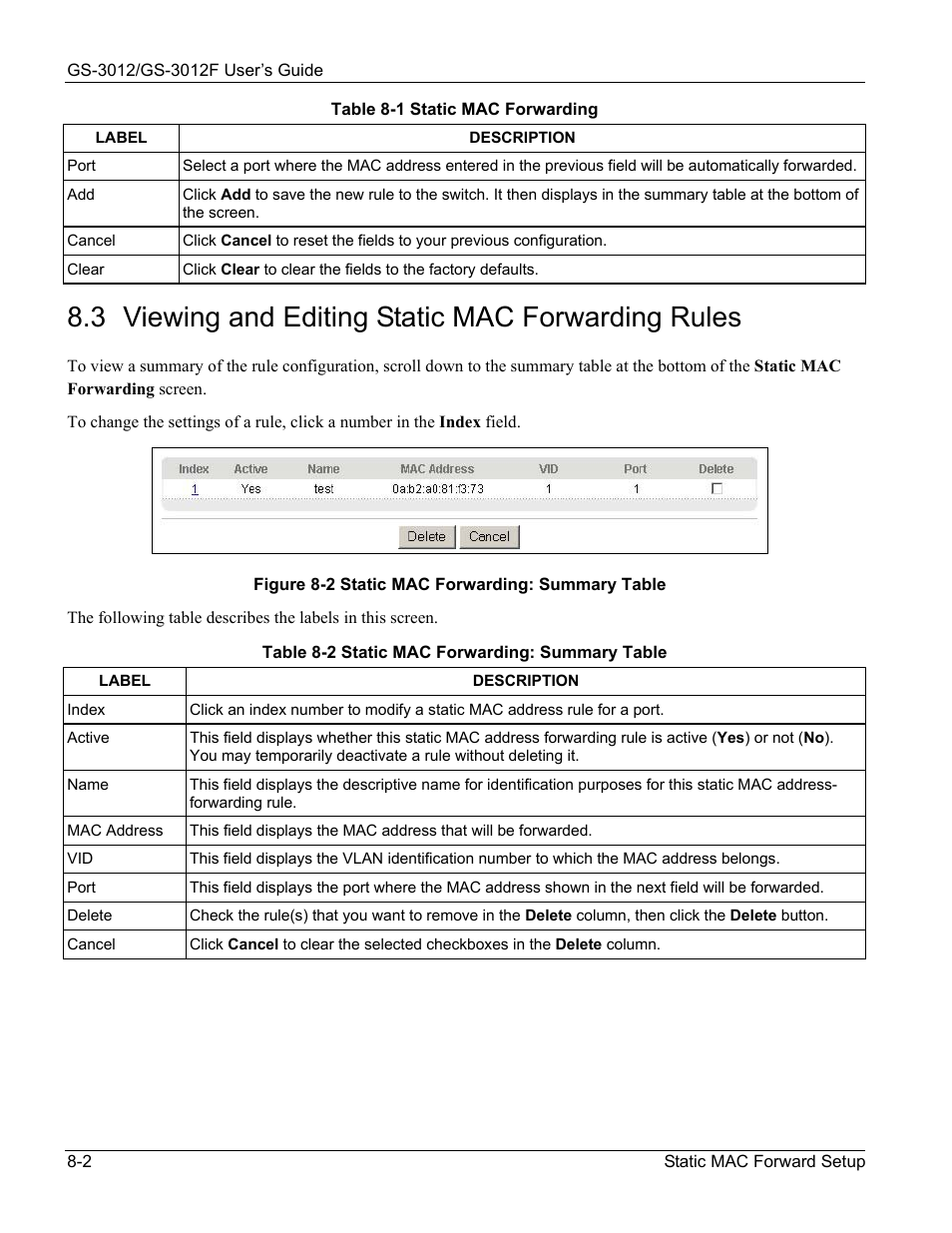 Viewing and editing static mac forwarding rules, 3 viewing and editing static mac forwarding rules | ZyXEL Communications ZyXEL Dimension GS-3012 User Manual | Page 94 / 259
