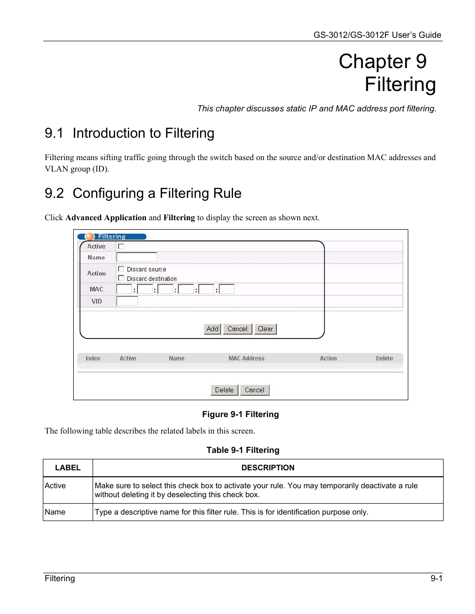 Filtering, Introduction to filtering, Configuring a filtering rule | Chapter 9 filtering, 1 introduction to filtering, 2 configuring a filtering rule | ZyXEL Communications ZyXEL Dimension GS-3012 User Manual | Page 95 / 259