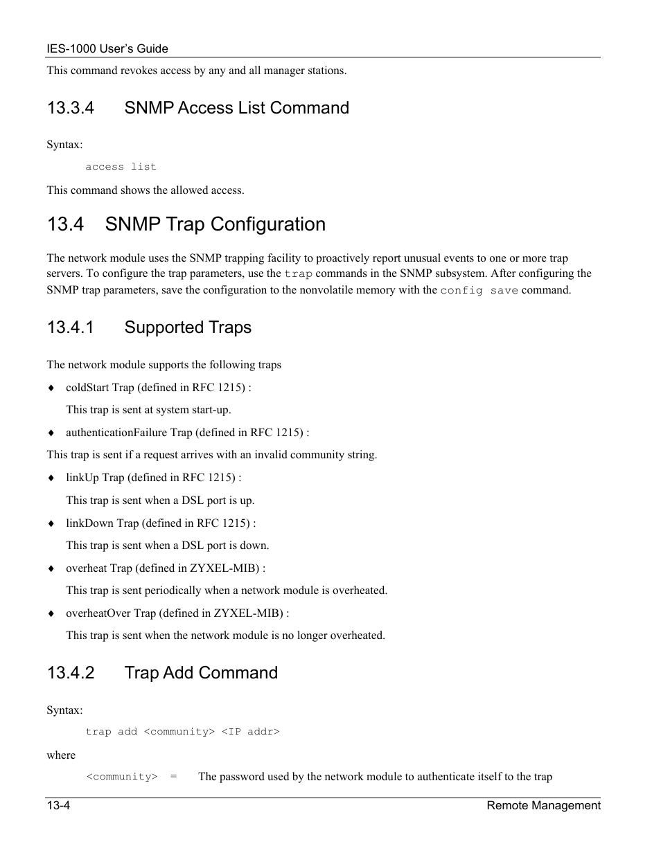 Snmp trap configuration, 4 snmp trap configuration, 4 snmp access list command | 1 supported traps, 2 trap add command | ZyXEL Communications ZyXEL DMA 1000 User Manual | Page 100 / 120