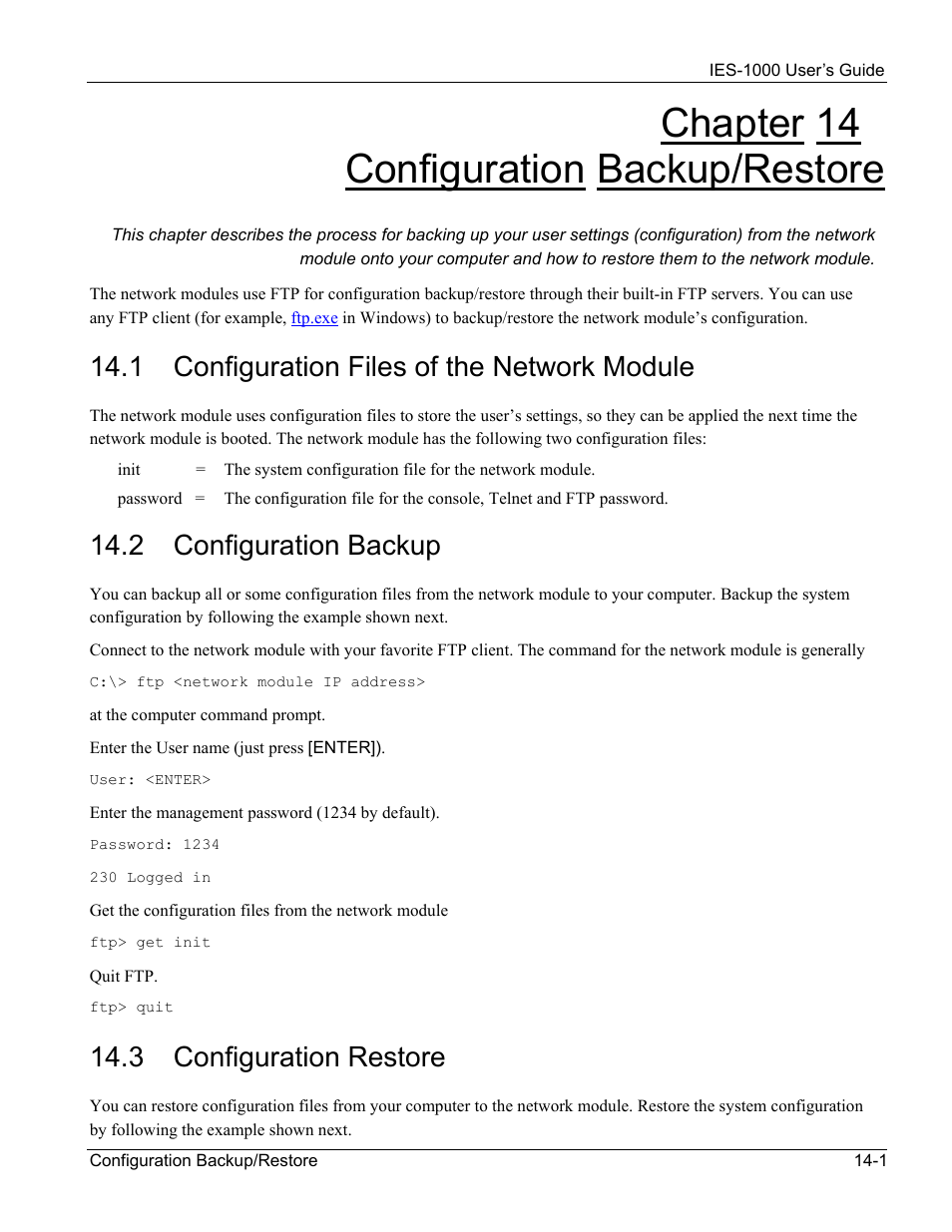 Configuration backup/restore, Configuration files of the network module, Configuration backup | Configuration restore, Chapter 14 configuration backup/restore, 1 configuration files of the network module, 2 configuration backup, 3 configuration restore | ZyXEL Communications ZyXEL DMA 1000 User Manual | Page 103 / 120