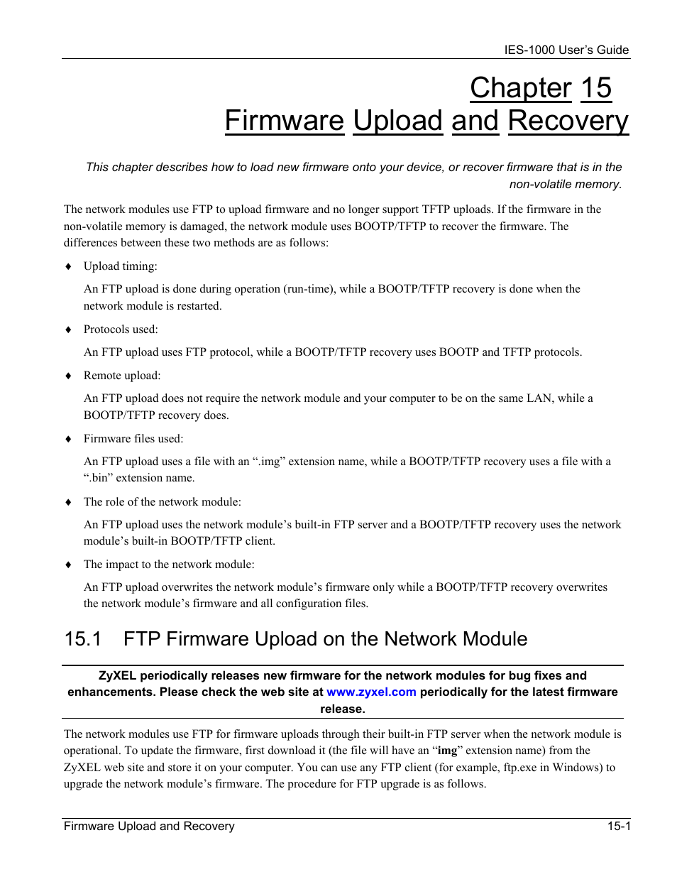 Firmware upload and recovery, Ftp firmware upload on the network module, Chapter 15 firmware upload and recovery | 1 ftp firmware upload on the network module | ZyXEL Communications ZyXEL DMA 1000 User Manual | Page 105 / 120