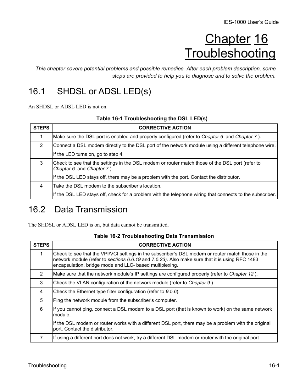 Troubleshooting, Shdsl or adsl led(s), Data transmission | Chapter 16 troubleshooting, 1 shdsl or adsl led(s), 2 data transmission | ZyXEL Communications ZyXEL DMA 1000 User Manual | Page 111 / 120